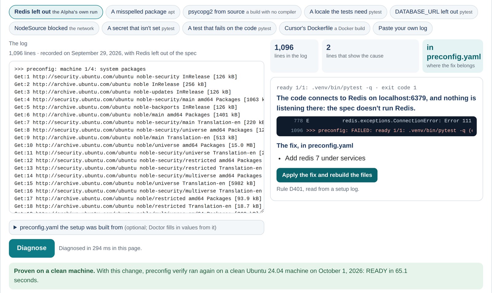 The Doctor demo on the Alpha&rsquo;s recorded run without Redis: the log, the cause Doctor names from two of its 1,096 lines, the fix for preconfig.yaml, and the proof, READY in 65.1 seconds on a clean machine.